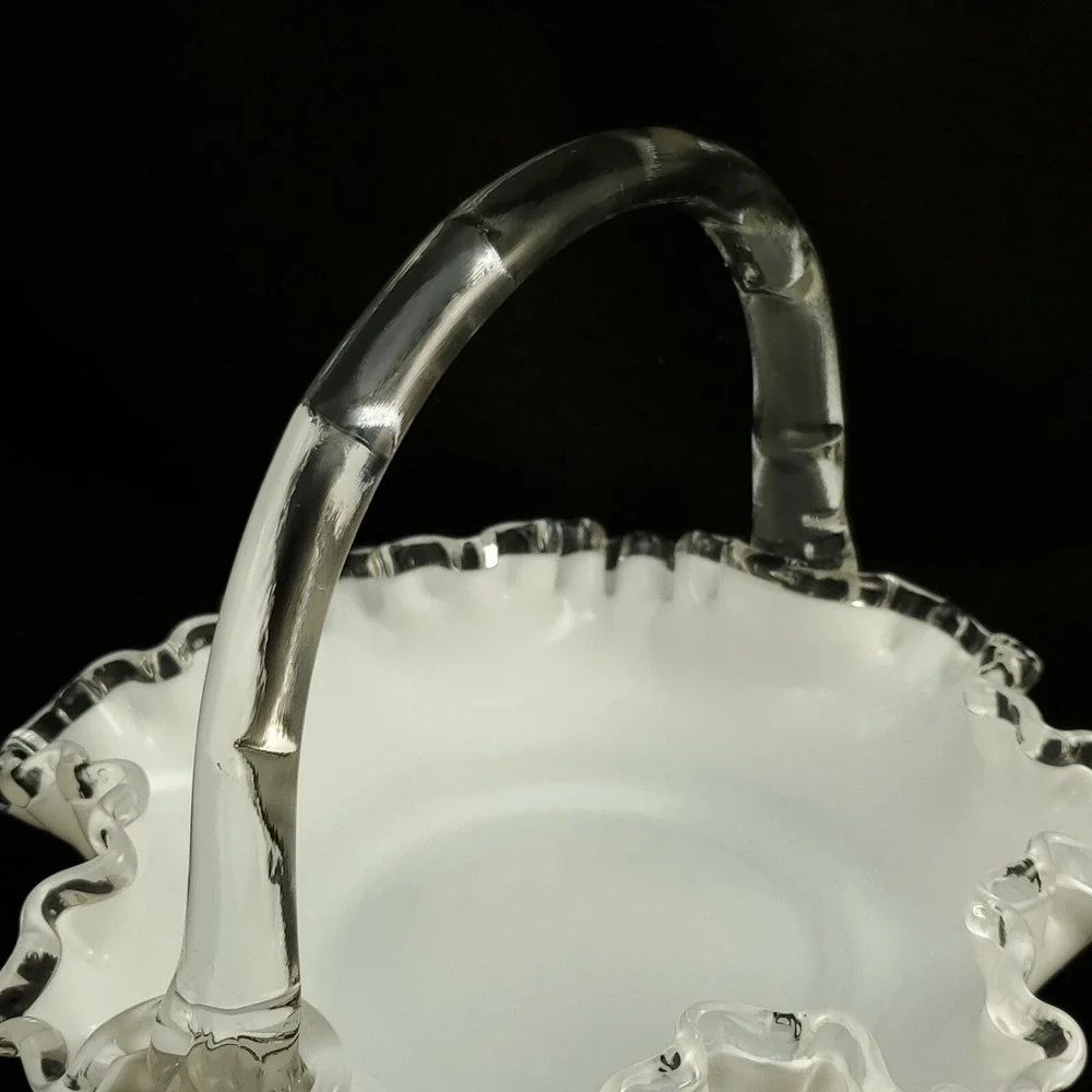 Fenton Silver Crest Brides Basket Ruffled Milk Glass Clear Glass Handle 8